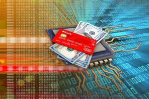 3d,Illustration,Of,Electronic,Board,Over,Digital,Background,With,Money